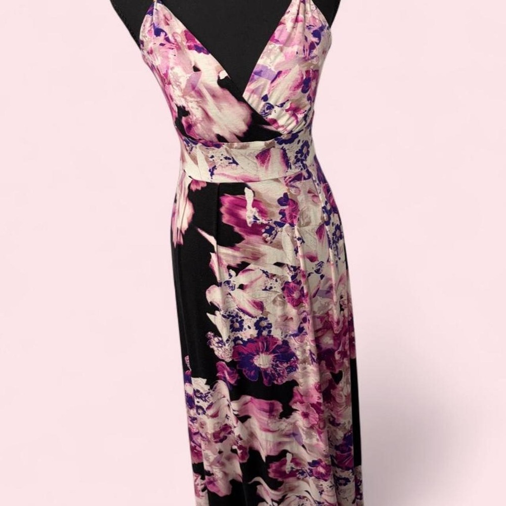Jennifer Lopez Pink Floral Maxi Dress Gold Hardware Deep V Back Petite S